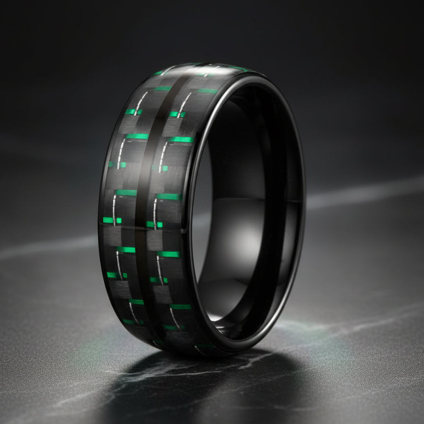 Double_Groove_Black_Green_Carbon_Fiber_Inlay_Tungsten_Ring