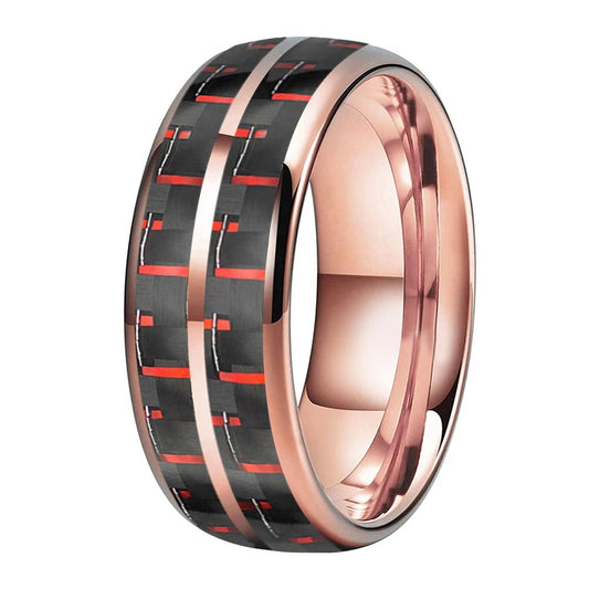 Double Groove Black Red Carbon Fiber Inlay Tungsten Ring