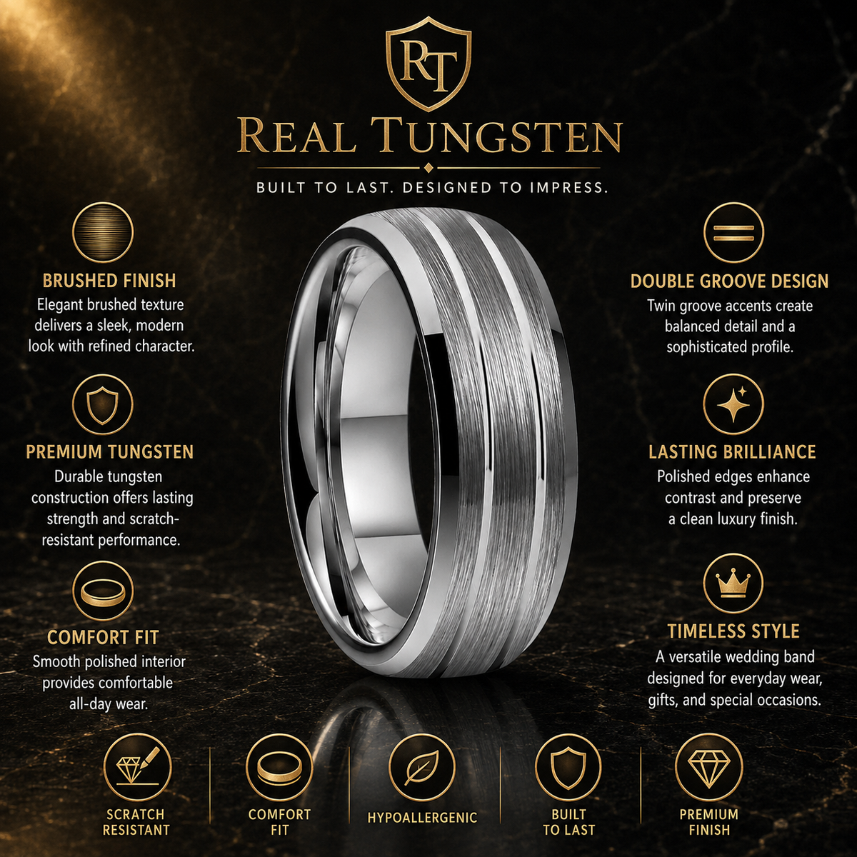 Double Groove Domed Polished Tungsten Wedding Band