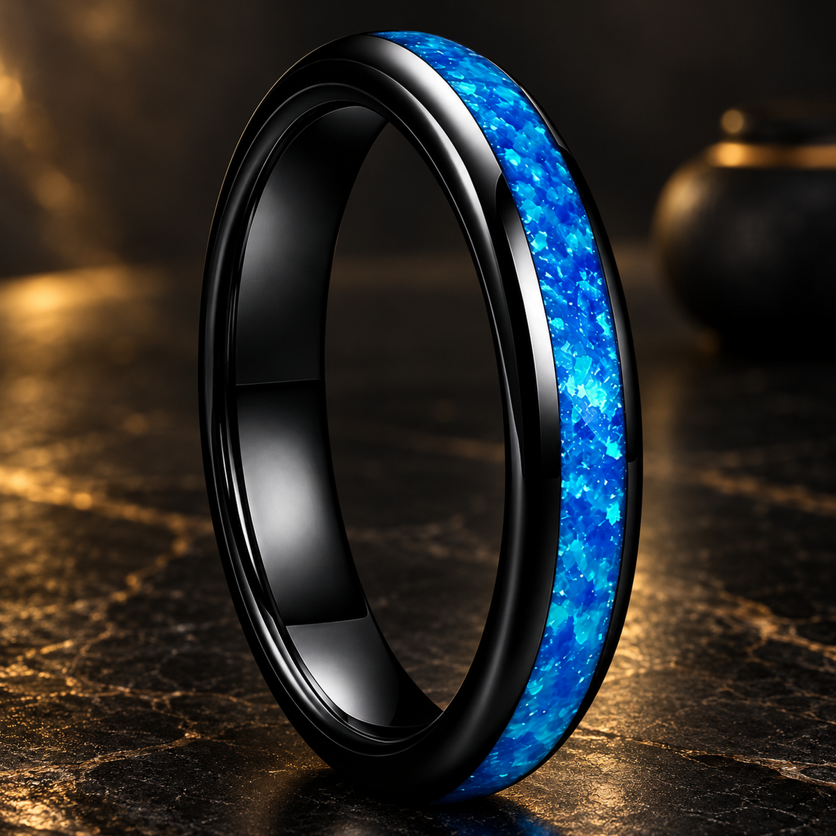 Black Tungsten Ring with Blue Opal Inlay