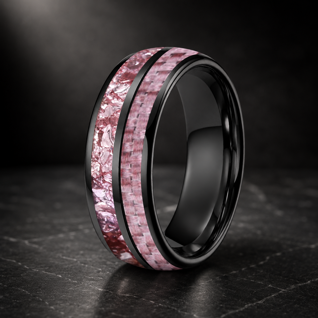 Tungsten Ring with Pink Morganite & Carbon Fiber Inlay