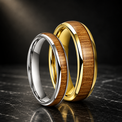 Tungsten Ring with Yellow Peach Wood Inlay