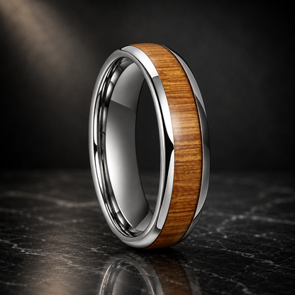 Tungsten Ring with Yellow Peach Wood Inlay