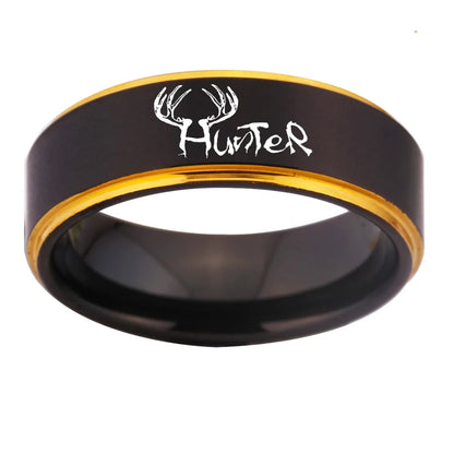 Elks Hunter Design Matte Black With Golden Tungsten Ring