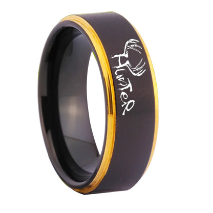 Elks Hunter Design Matte Black With Golden Tungsten Ring