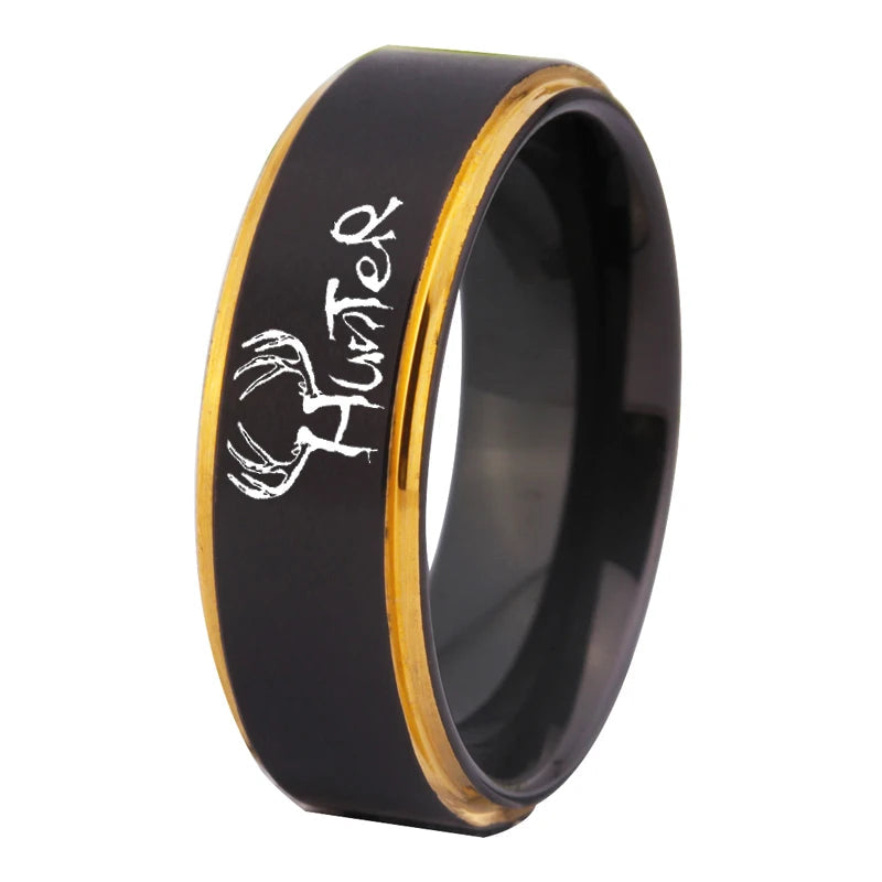 Elks Hunter Design Matte Black With Golden Tungsten Ring