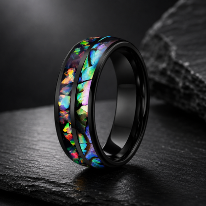 Fire Opal & Abalone Tungsten Ring