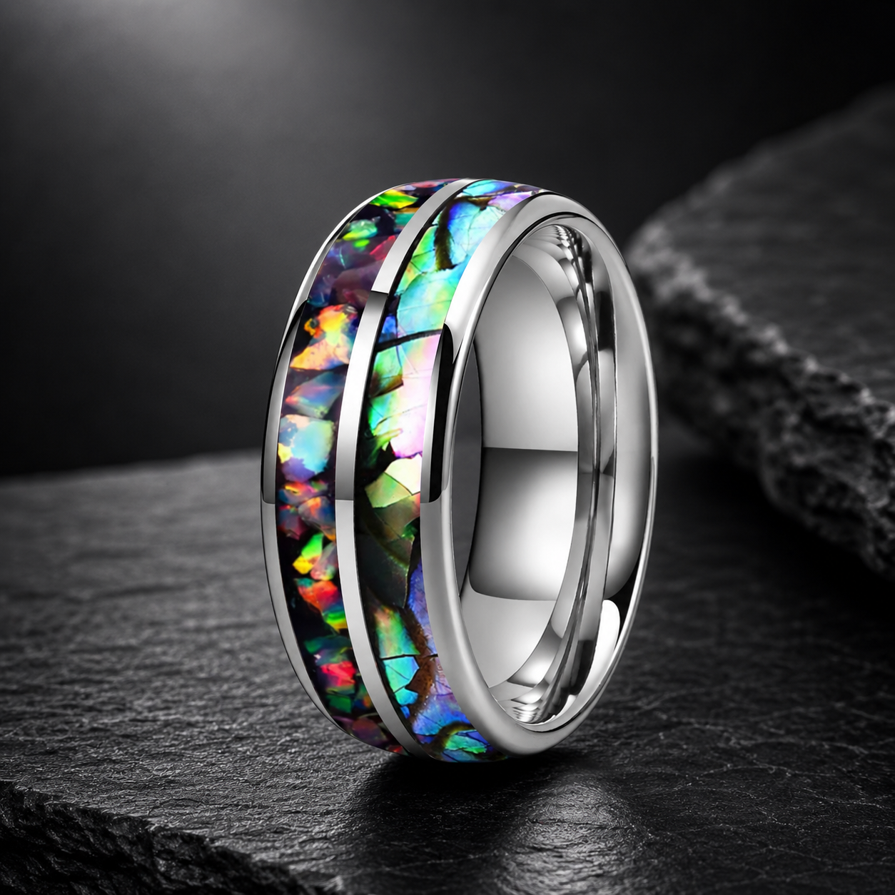 Fire Opal & Abalone Tungsten Ring