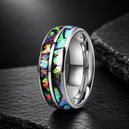 Fire Opal & Abalone Tungsten Ring