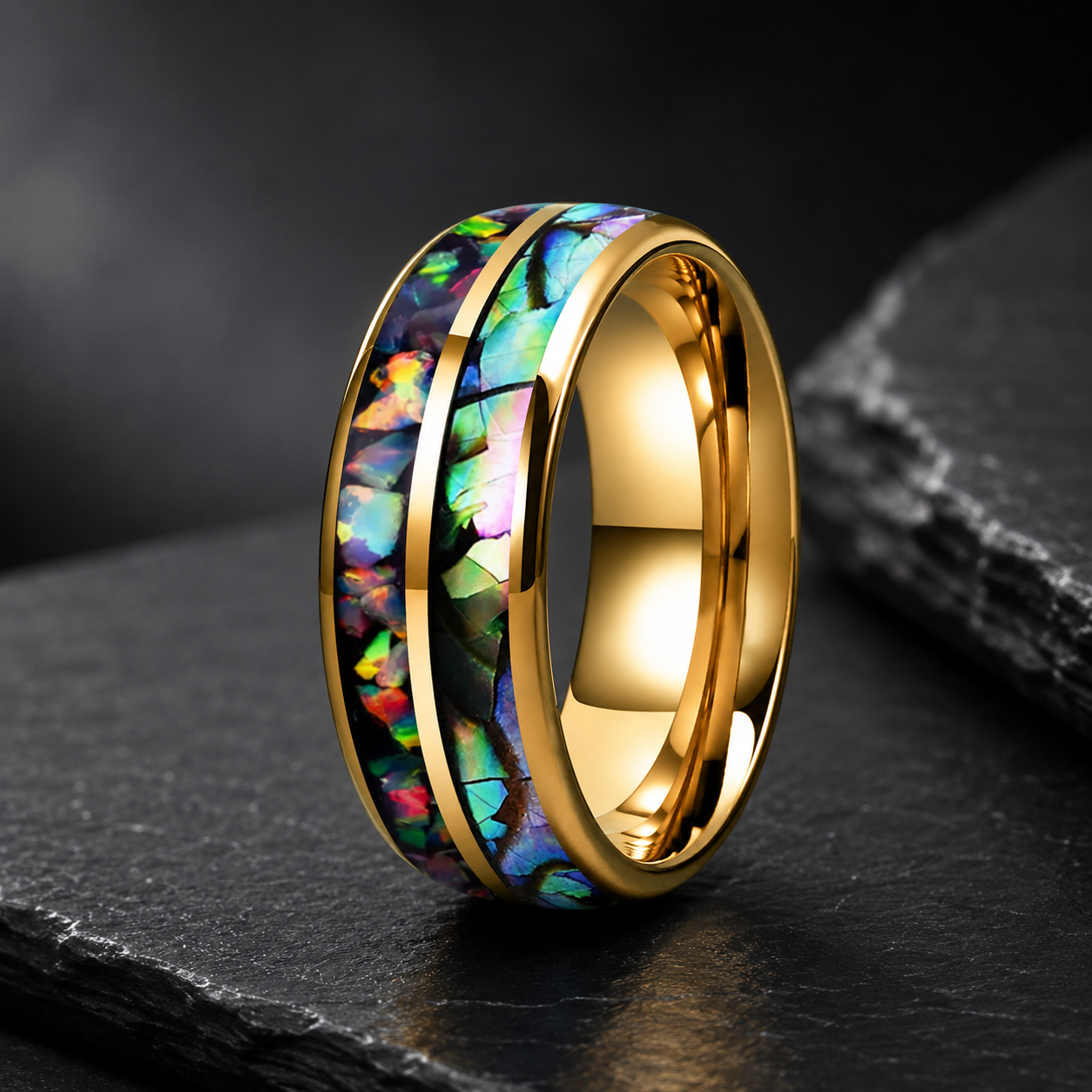 Fire Opal & Abalone Tungsten Ring