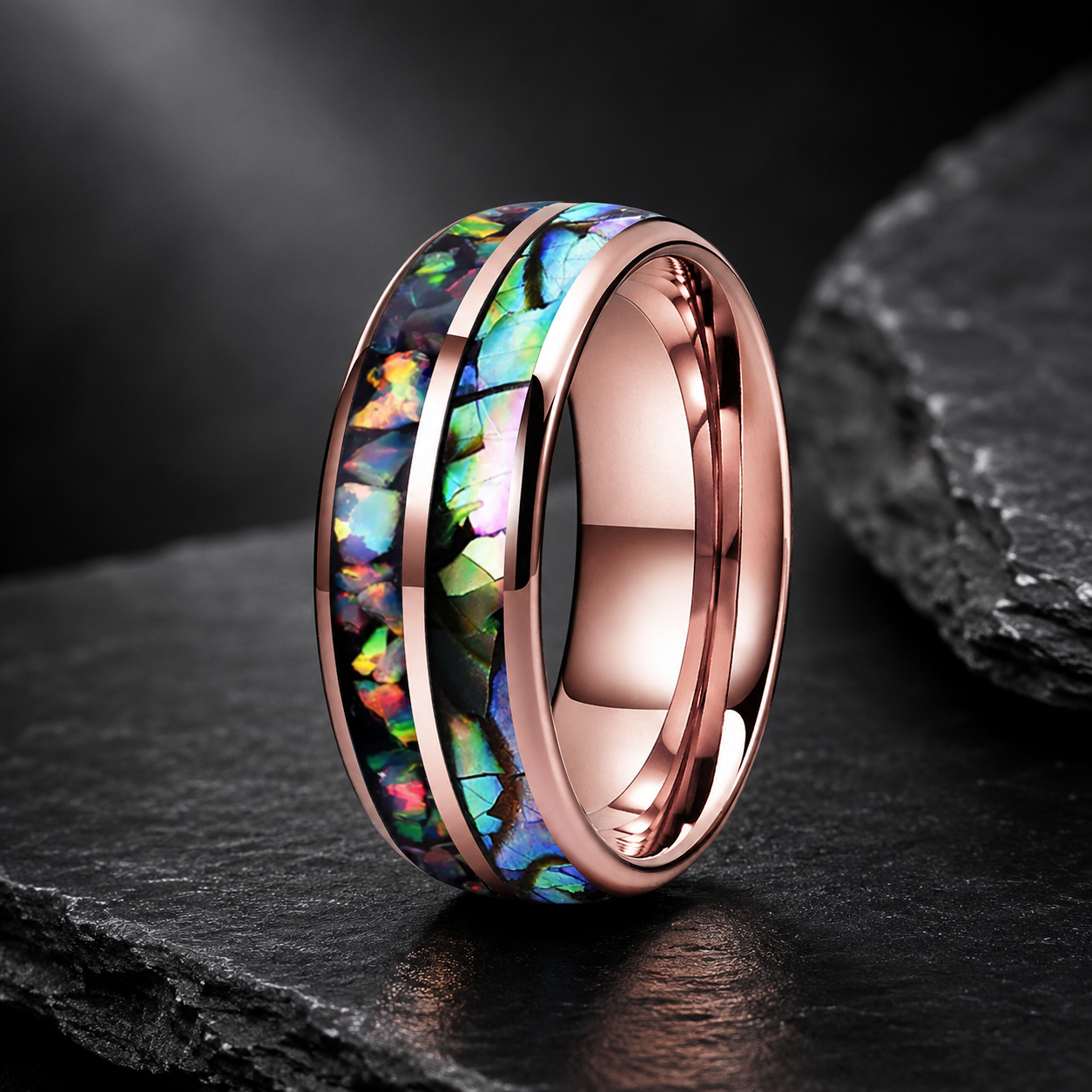 Fire Opal & Abalone Tungsten Ring