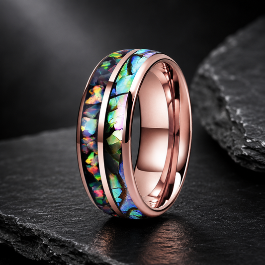 Fire Opal & Abalone Tungsten Ring
