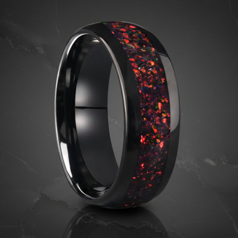 Black fire opal Tungsten Wedding band