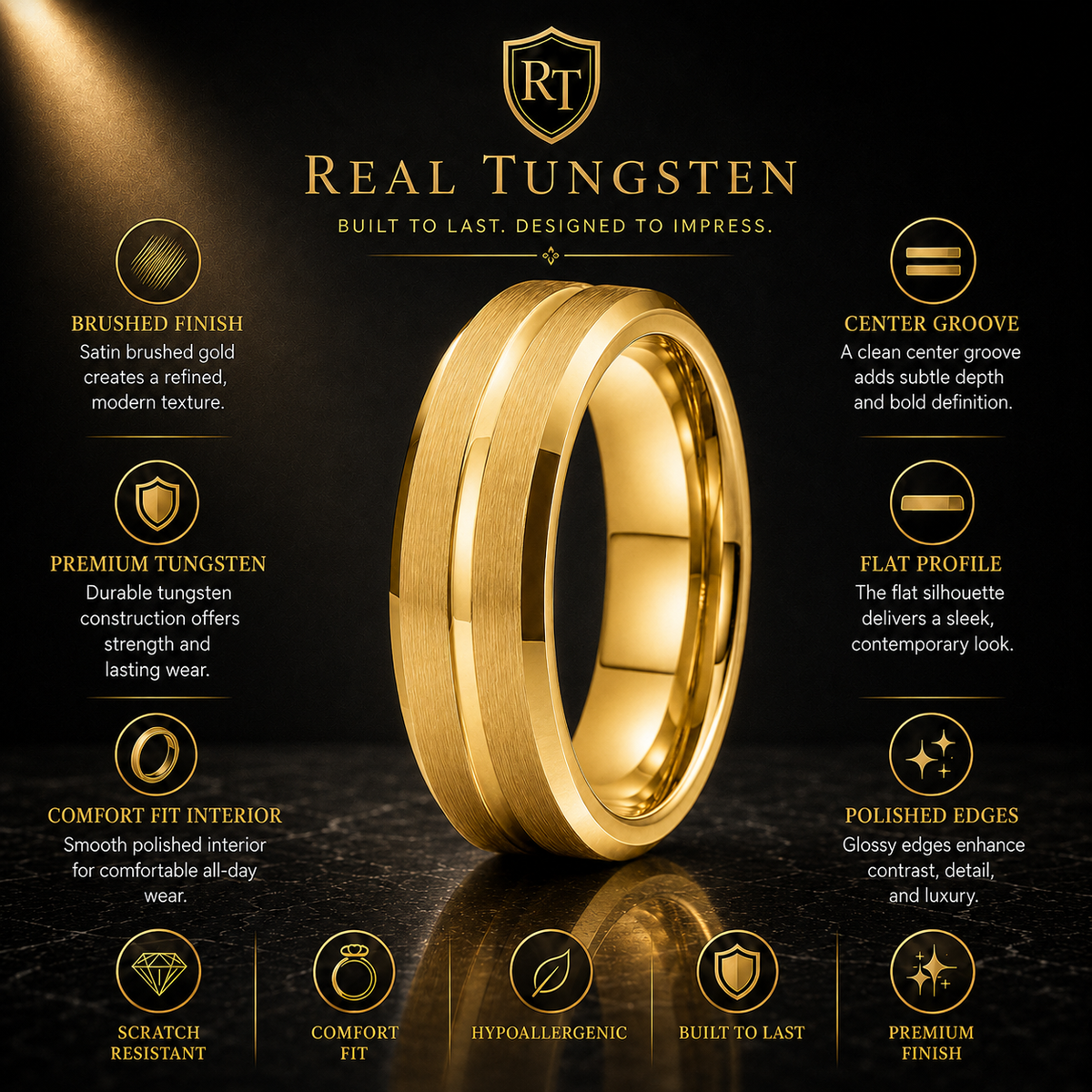 Flat Brushed Tungsten Ring with Center Groove