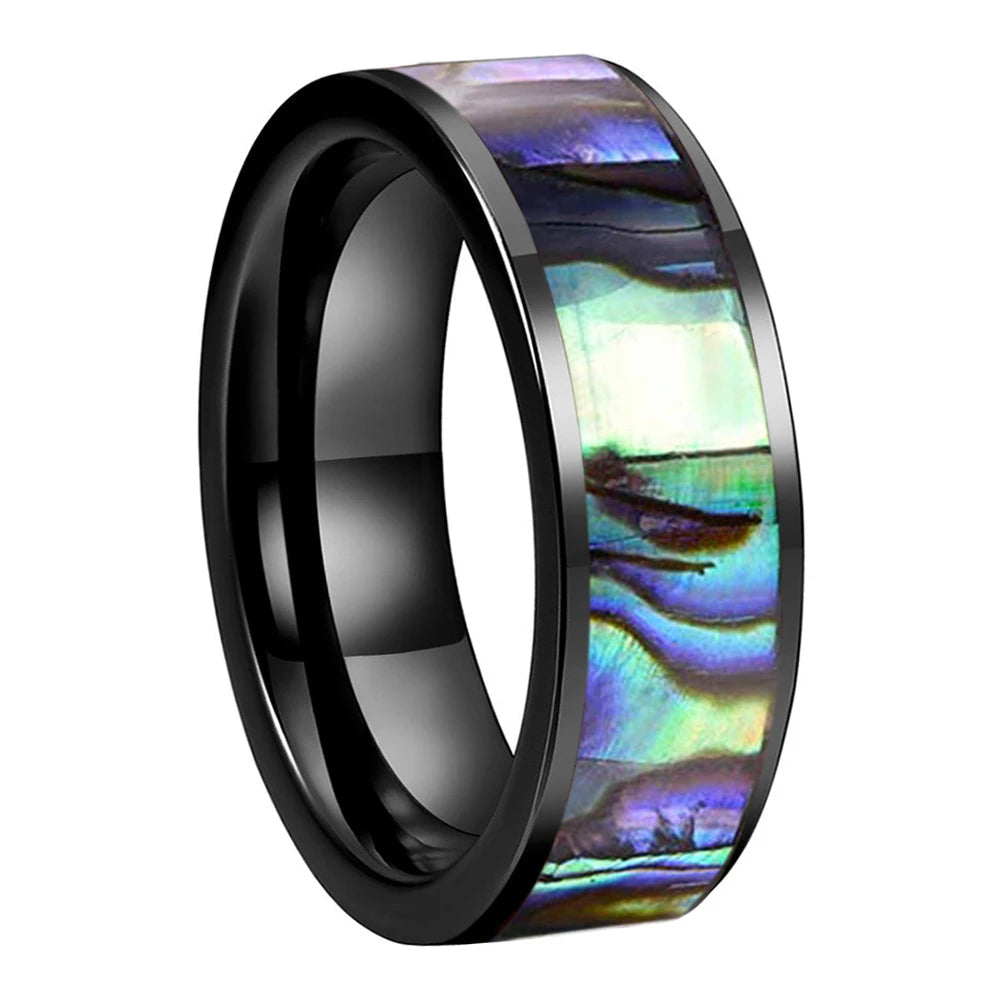 Flat Edge Abalone Tungsten Wedding Ring
