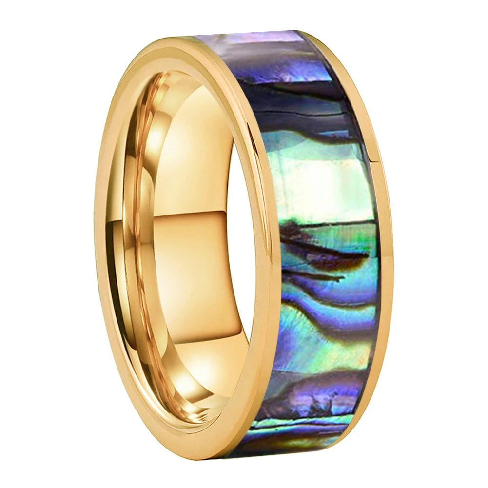 Flat Edge Abalone Tungsten Wedding Ring