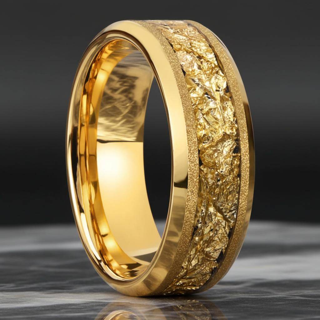 Frosted Gold Tungsten Ring with Leaf Inlay