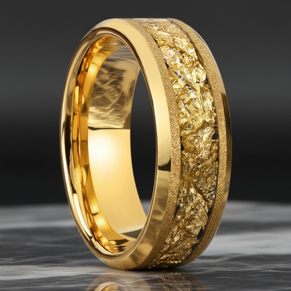 Frosted Gold Tungsten Ring with Leaf Inlay