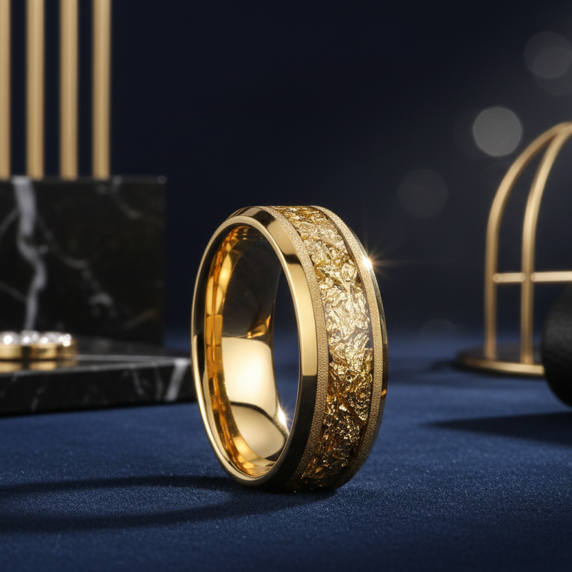 Frosted Gold Tungsten Ring with Leaf Inlay