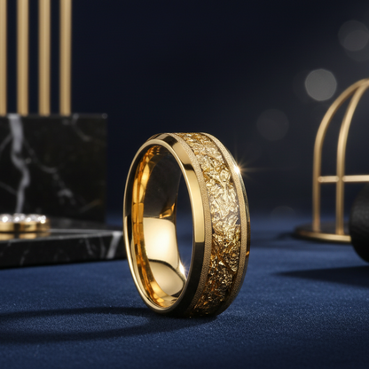 Frosted Gold Tungsten Ring with Leaf Inlay
