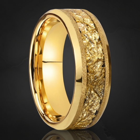 Frosted Gold Tungsten Ring with Leaf Inlay