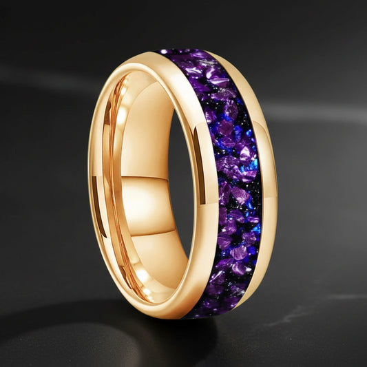 Galaxy Orion Nebula Tungsten Ring with Purple Crystal Inlay