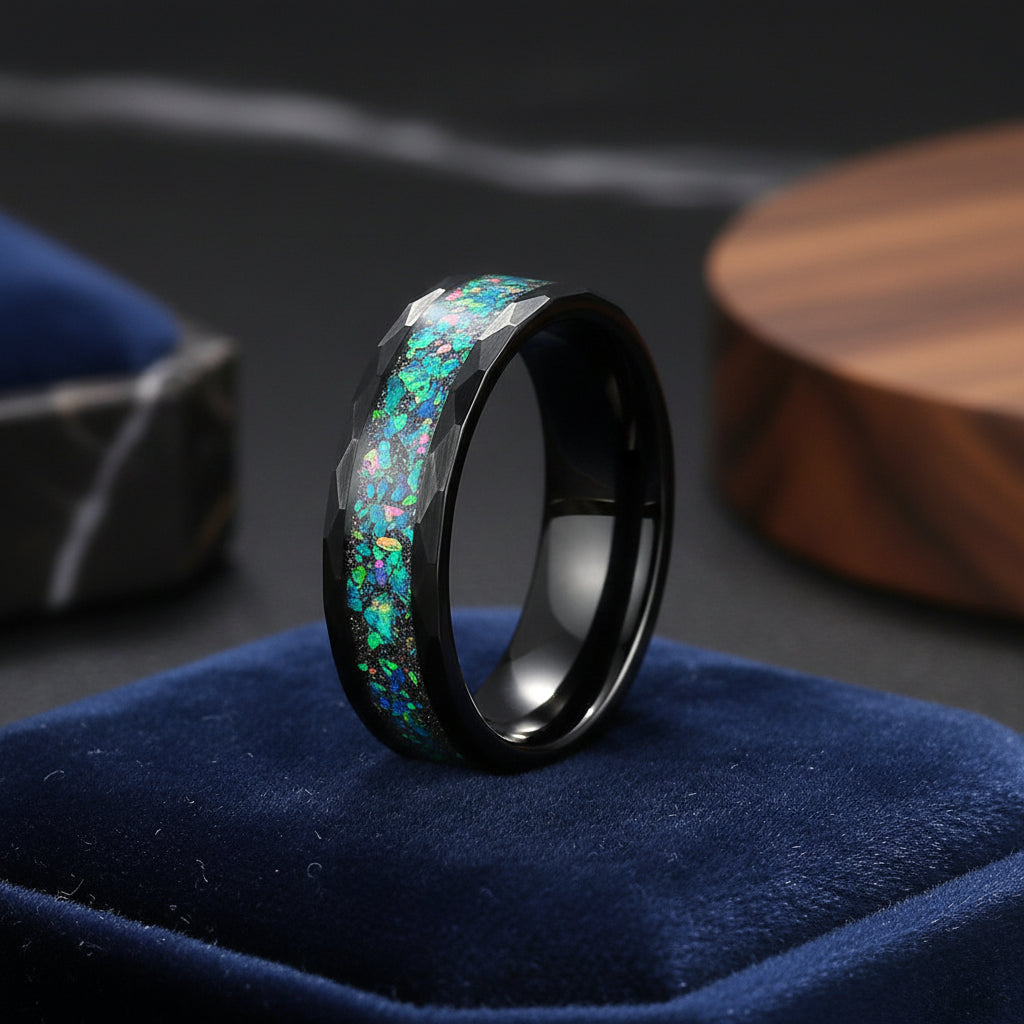 Galaxy Opal Hammered Tungsten Ring (6mm & 8mm)