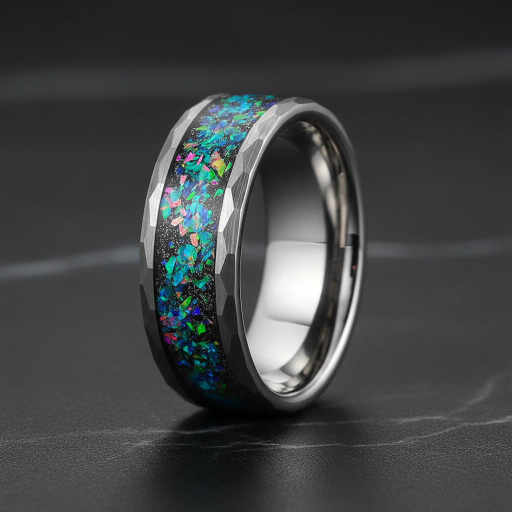 Galaxy Opal Hammered Tungsten Ring (6mm & 8mm)