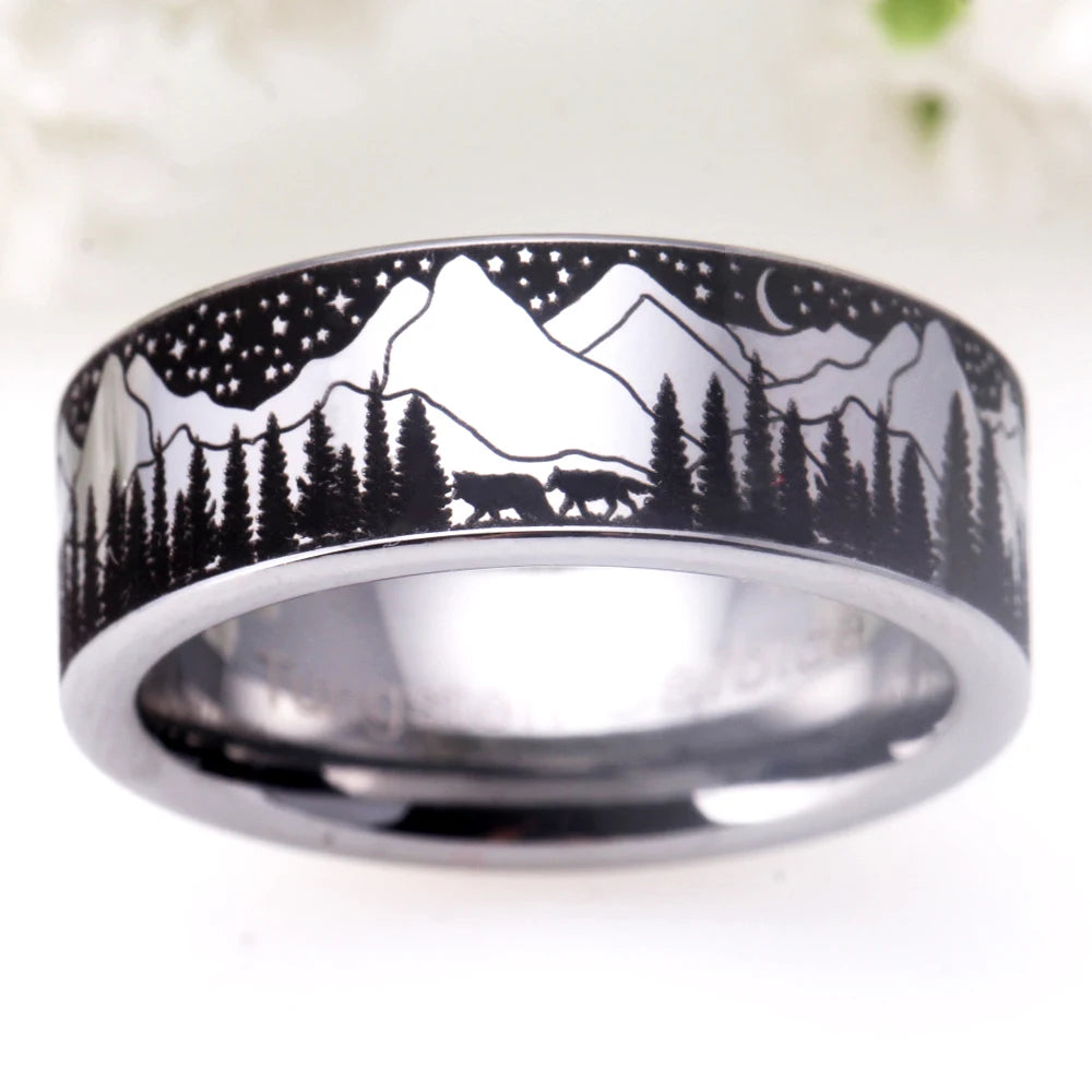 Giant Wolf Forest Mountain Tungsten Ring