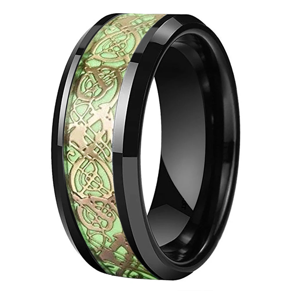 Gold Celtic Dragon Luminous Tungsten Wedding Ring with glowing Celtic knot motif, unisex band.