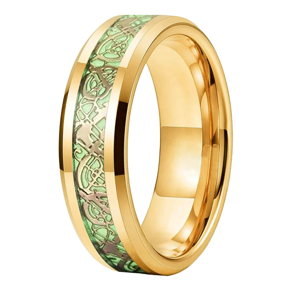 Gold tungsten wedding ring with luminous green Celtic dragon inlay.