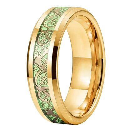 Gold tungsten wedding ring with luminous green Celtic dragon inlay.