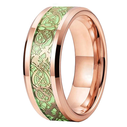 Gold Celtic Dragon tungsten wedding ring with green luminous inlay, unisex design