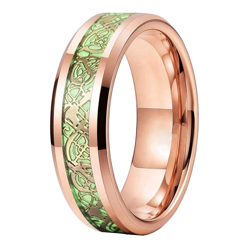 Rose gold tungsten wedding ring with a Celtic dragon motif and luminous green inlay strip.