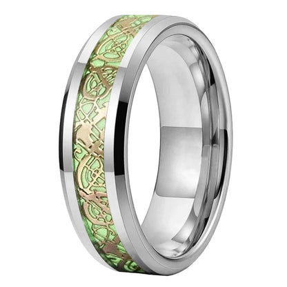 Gold Celtic Dragon Luminous Tungsten Wedding Ring with glowing green patterned inlay.