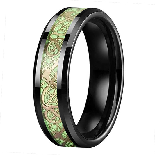 Gold Celtic Dragon Luminous Tungsten wedding ring with glowing green Celtic knot inlay on a black band.