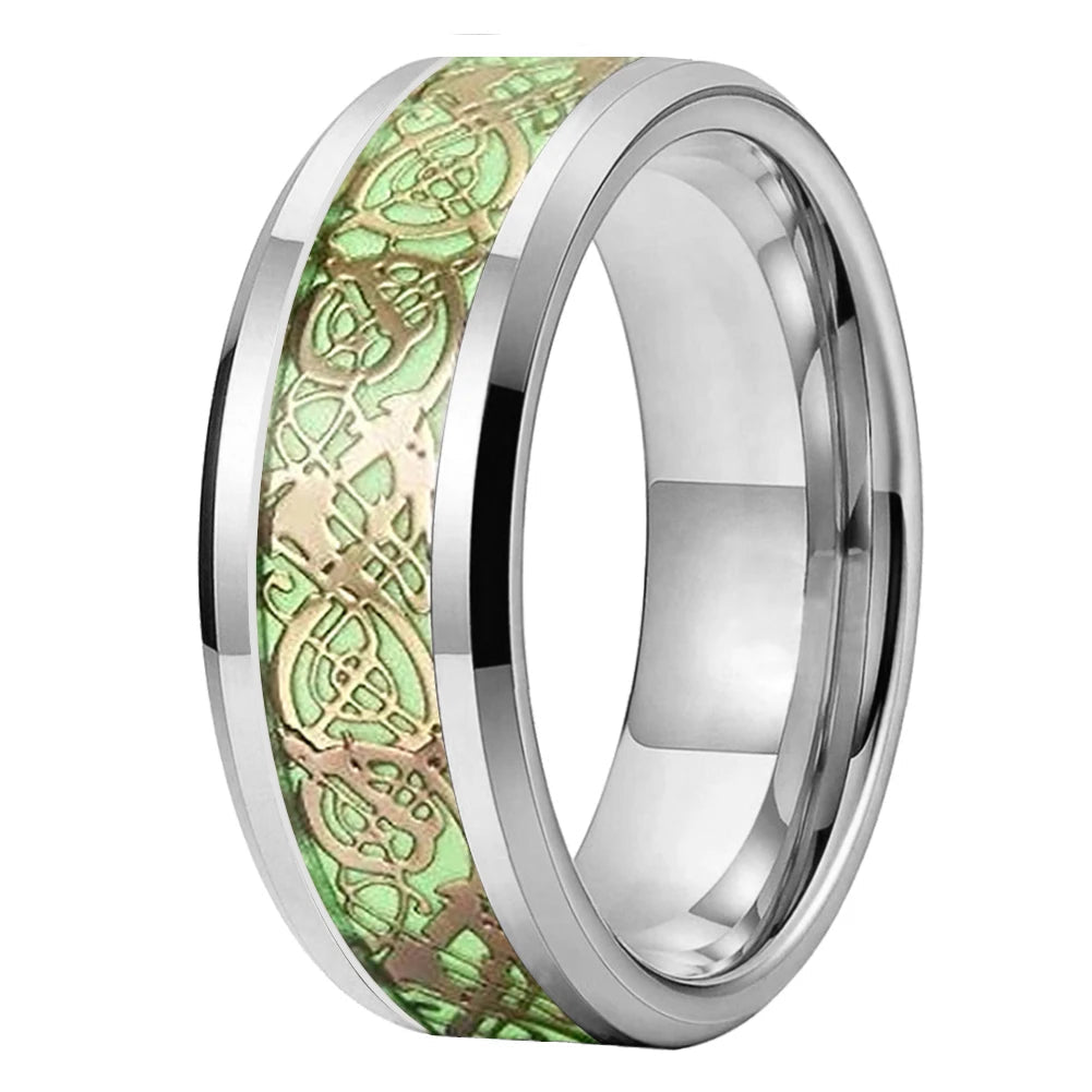 Gold Celtic Dragon luminous tungsten wedding ring with green glow and silver edges.