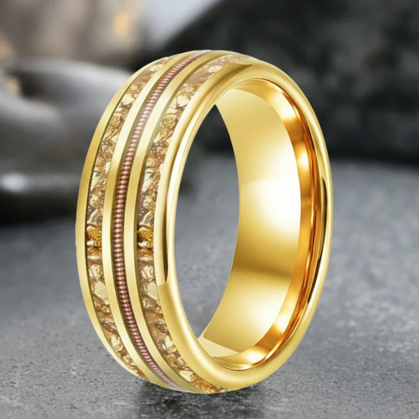 Gold Crystal & Rose Gold Guitar String Tungsten Ring 