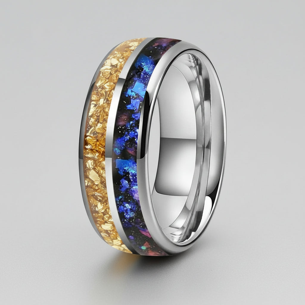 Gold Crystal & Nebula Inlay Tungsten Wedding Band