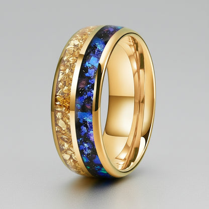 Gold Crystal & Nebula Inlay Tungsten Wedding Band