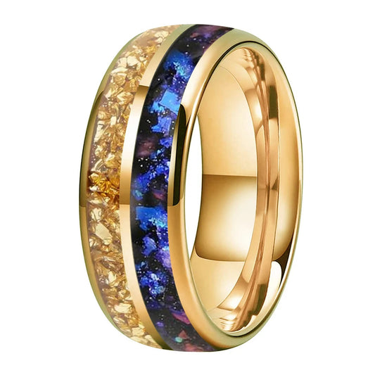 Gold Crystal & Nebula Inlay Tungsten Wedding Band