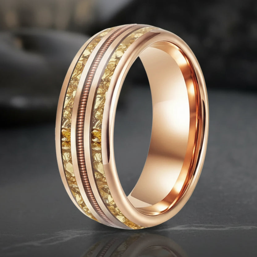 Gold Crystal & Rose Gold Guitar String Tungsten Ring 