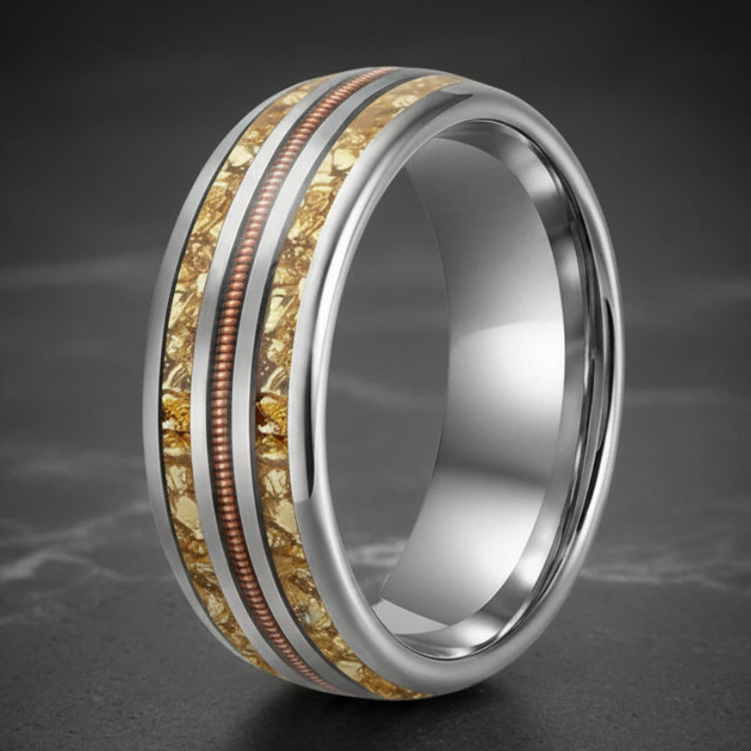 Gold Crystal & Rose Gold Guitar String Tungsten Ring 