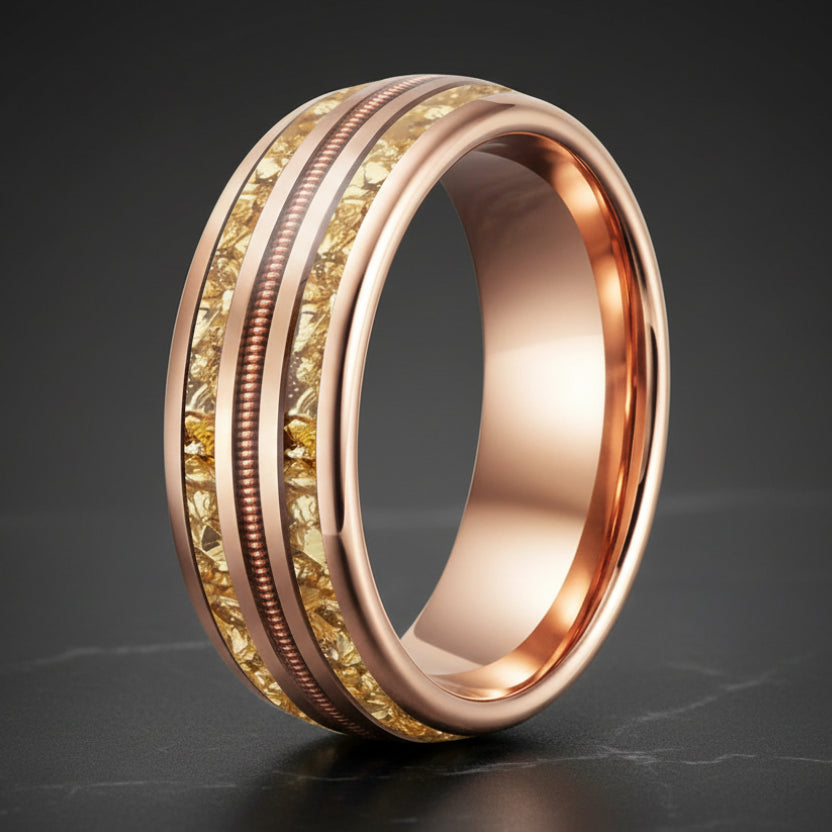 Gold Crystal & Rose Gold Guitar String Tungsten Ring 