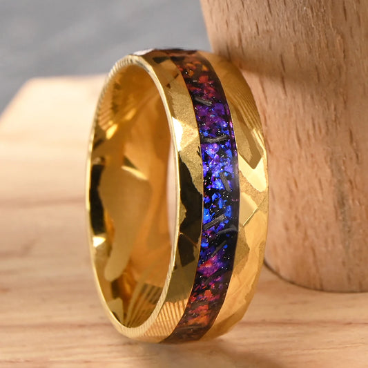 Gold Damascus Ring With Crushed Opal