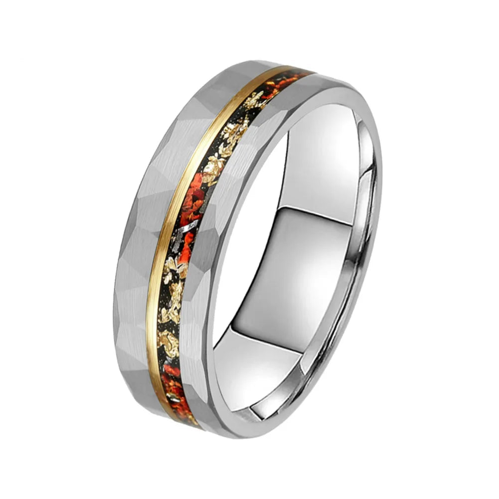 Gold Foil Meteorite & Opal Tungsten Wedding Band