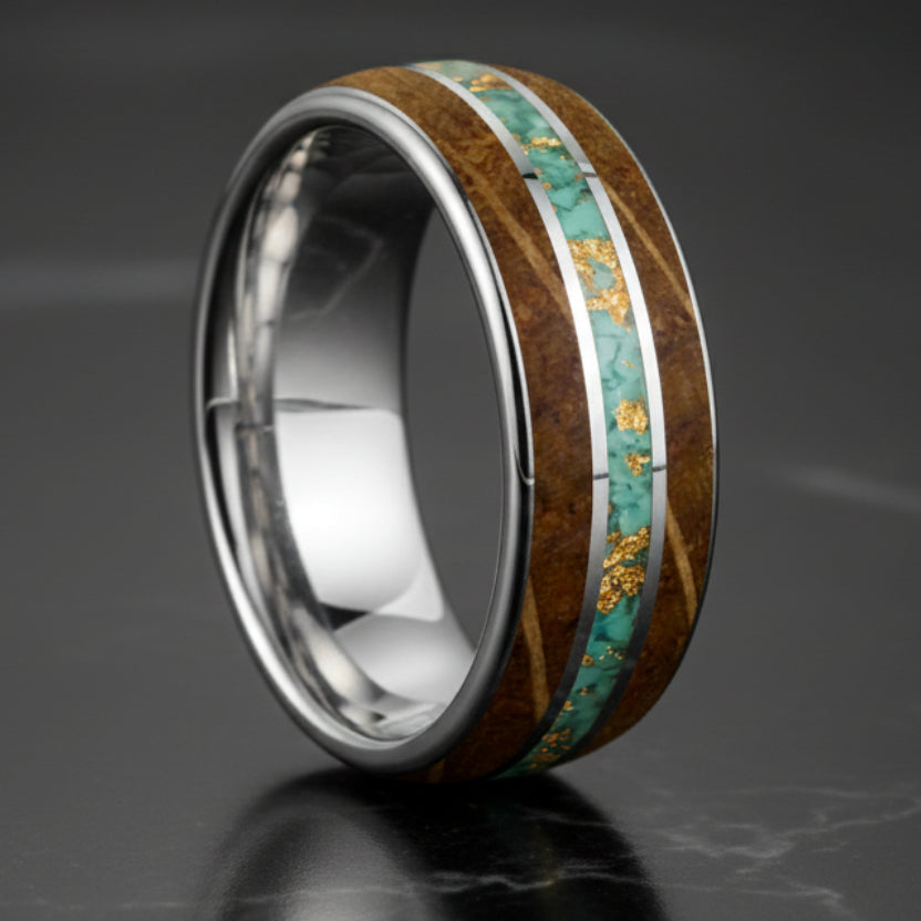 Gold Foil Turquoise Whiskey Wood Tungsten Ring