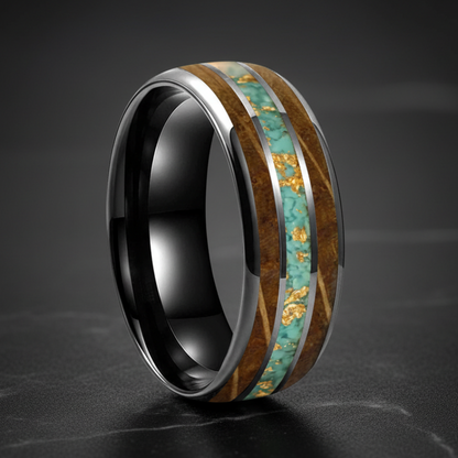 Gold Foil Turquoise Whiskey Wood Tungsten Ring