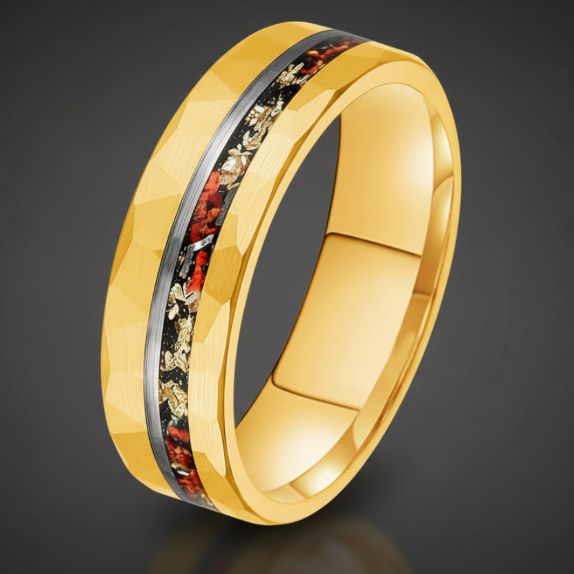 Gold Foil Meteorite & Opal Tungsten Wedding Band