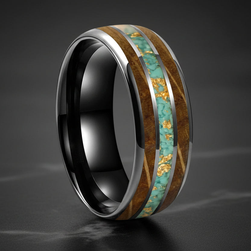Gold Foil Turquoise Whiskey Wood Tungsten Ring